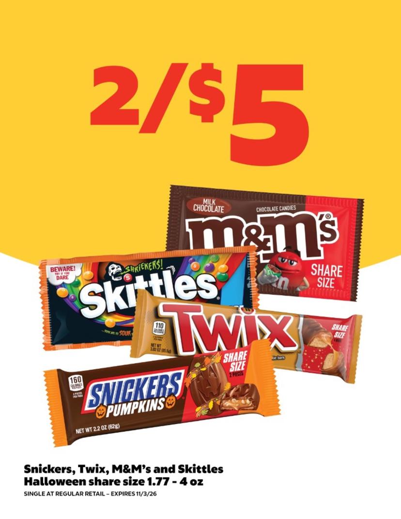 Snickers, Twix, M&M's and Skittles Halloween share size — 2 for $5